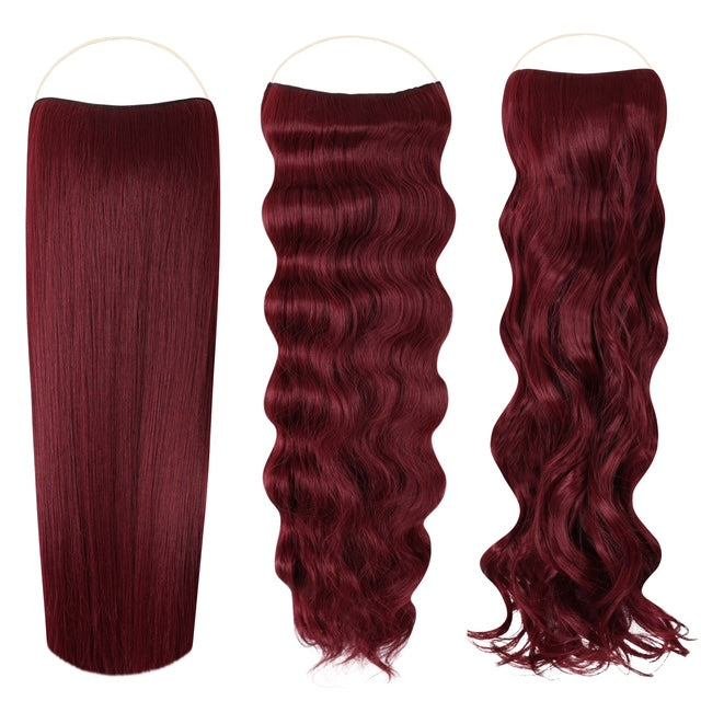 Syn Halo Hair Extensions Trio pack with straight, wavy, and curly halos made from premium Kanekalon fibers.