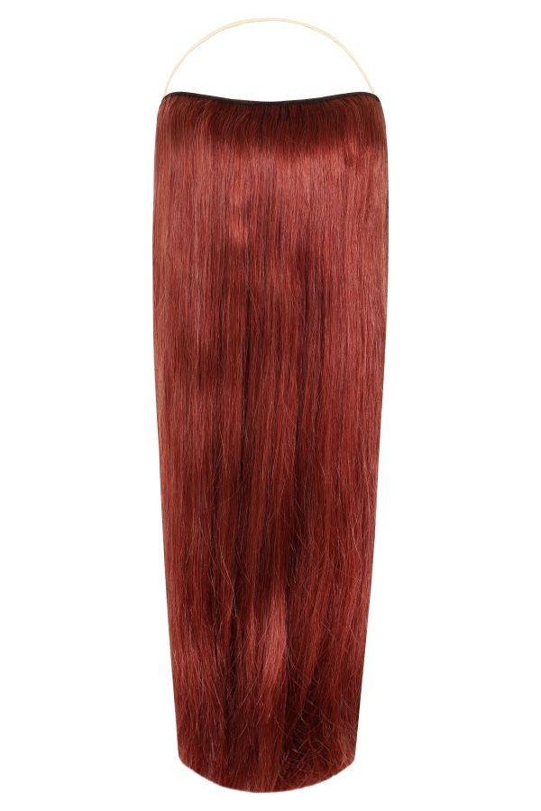 Halo Pomegranate Kiss hair extensions in various lengths with adjustable clear wire for thin hair