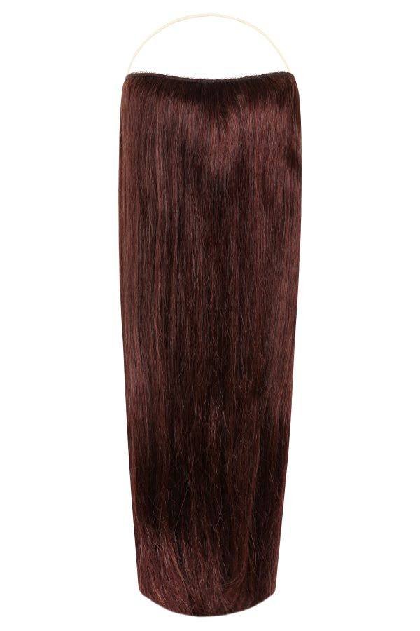 Halo Rich Merlot #K7 hair extensions in various lengths with adjustable clear wire and natural finish