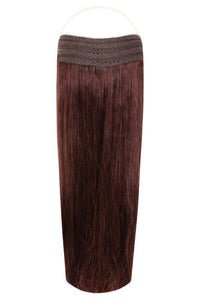 Halo Rich Merlot hair extensions with adjustable clear wire in rich merlot color, various lengths, and no-damage design