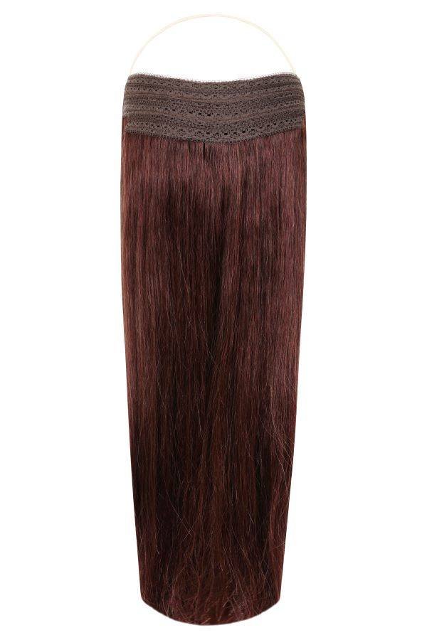 Deluxe Halo Hair Extensions in Rich Merlot #K7 with adjustable clear wire and no-damage design