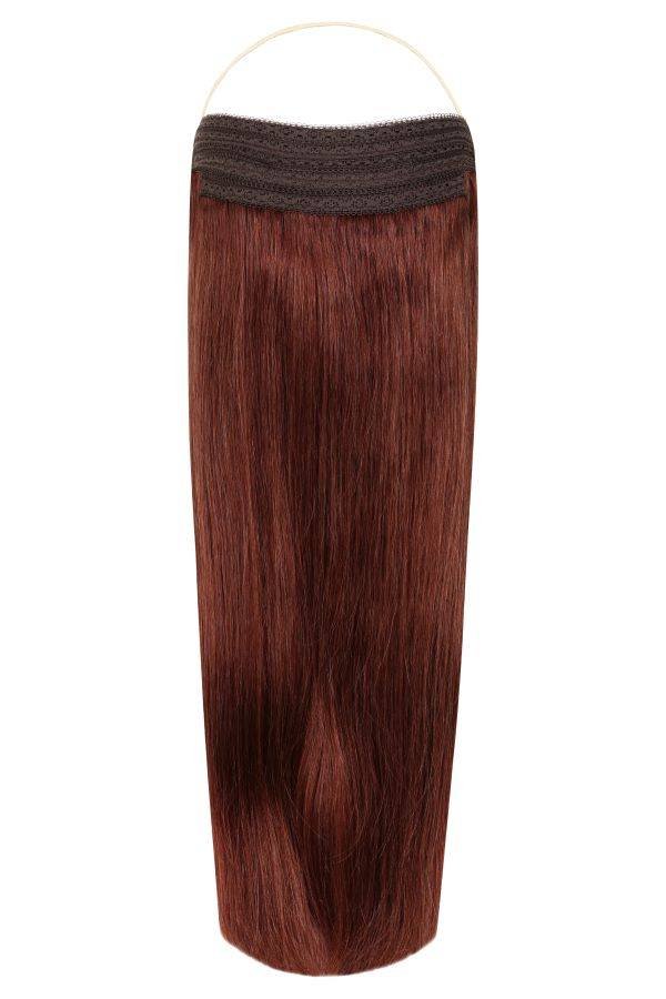 Deluxe Halo Hair Extensions in Spiced Auburn #K1 with adjustable clear wire and natural finish