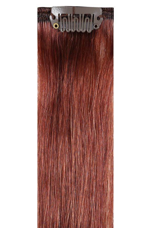 Premium clip-in spiced auburn hair extensions with 28 clips and 16 pieces, 100% Indian Remy human hair