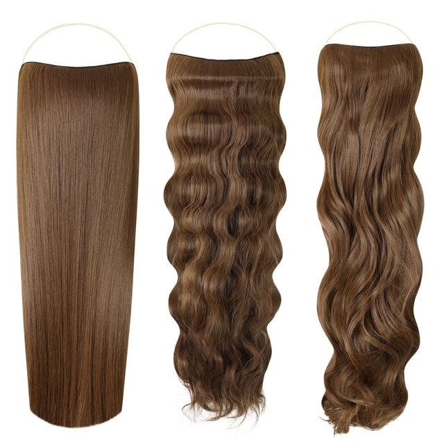 Syn Halo Hair Extensions Trio pack with straight, wavy, and curly styles displayed on mannequin heads
