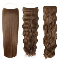 Syn Halo Hair Extensions Trio pack with straight, wavy, and curly styles displayed on mannequin heads