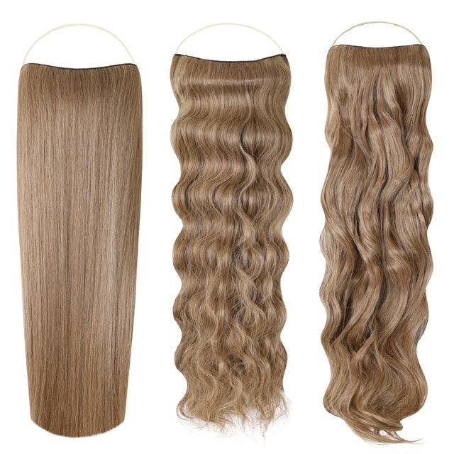 Syn Halo Hair Extensions Trio showing Sleek Straight, Beach Wave, and Bouncy Curl styles with premium Kanekalon halo extensions in one box