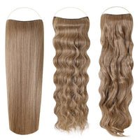 Syn Halo Hair Extensions Trio showing Sleek Straight, Beach Wave, and Bouncy Curl styles with premium Kanekalon halo extensions in one box