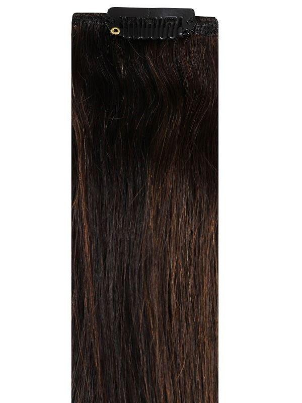 Full head clip-in hair extensions in espresso #1B/2 color, 100% Indian Remy human hair with 14 clips and 8 pieces