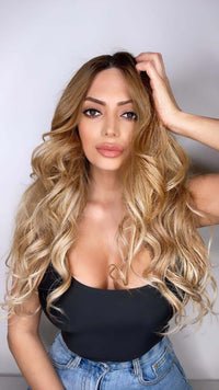 Premium mixed color #8/24 head clip-in hair extensions, 16-24 inch, 28 clips, 100% Indian Remy human hair