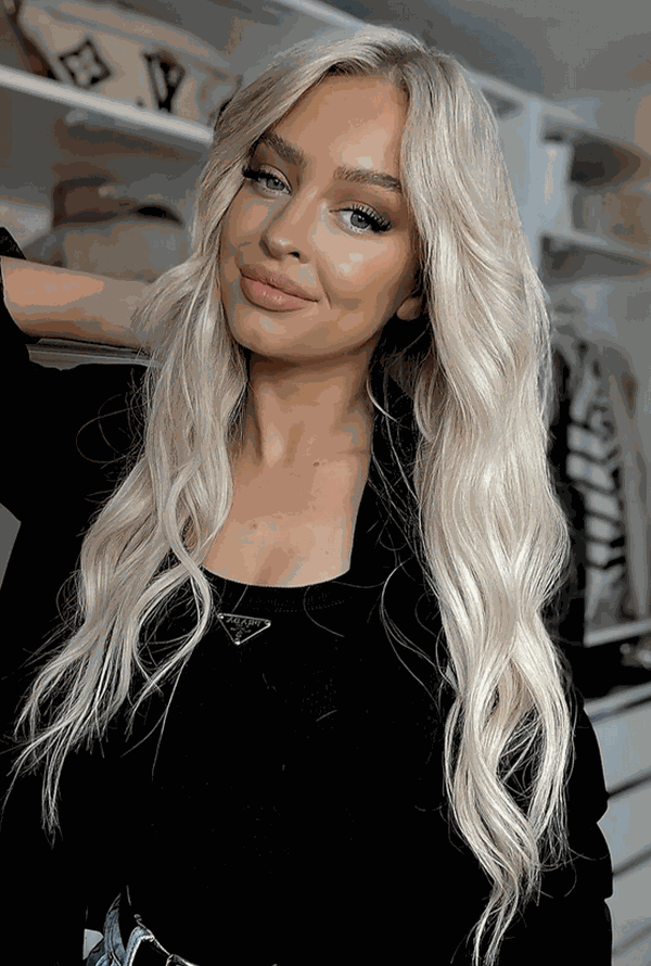 Premium head clip-in ash blonde hair extensions with 28 clips and 16 pieces, 100% Indian Remy human hair